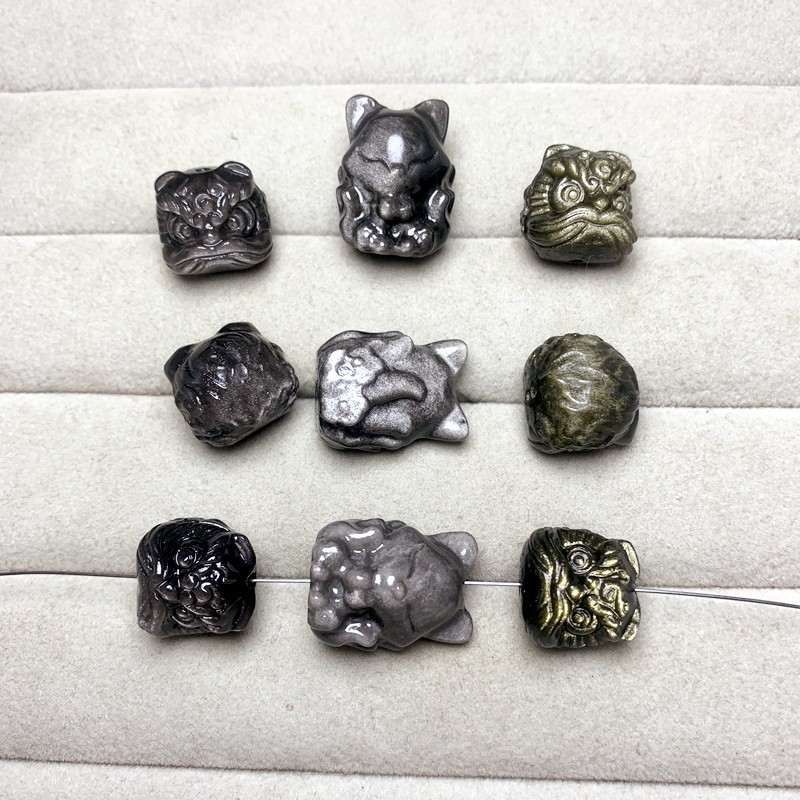 2025天然银曜石九尾狐直孔手链金曜石醒狮通孔diy 小滴流手串水晶