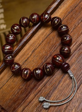 2025天然玉化老料凤眼菩提手串单圈素珠老铜镶嵌藏式文玩佛珠素串