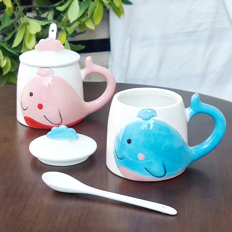 釉下彩可爱鲸鱼马克杯子早餐牛奶咖啡杯办公室陶瓷水杯学生带盖勺