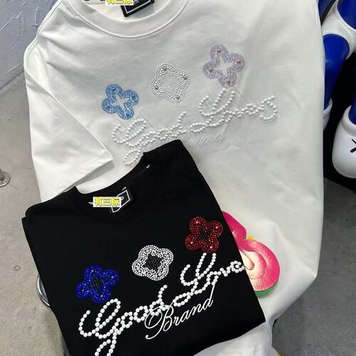 GD-26SS短袖t恤小花标语烫钻刺绣字母轻奢潮牌宽松半袖男女同款