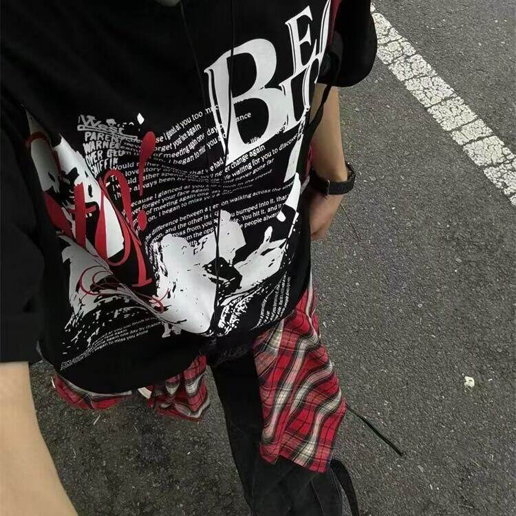 美式复古设计感印花t恤男女夏季高街oversize休闲宽松圆领短袖潮图片
