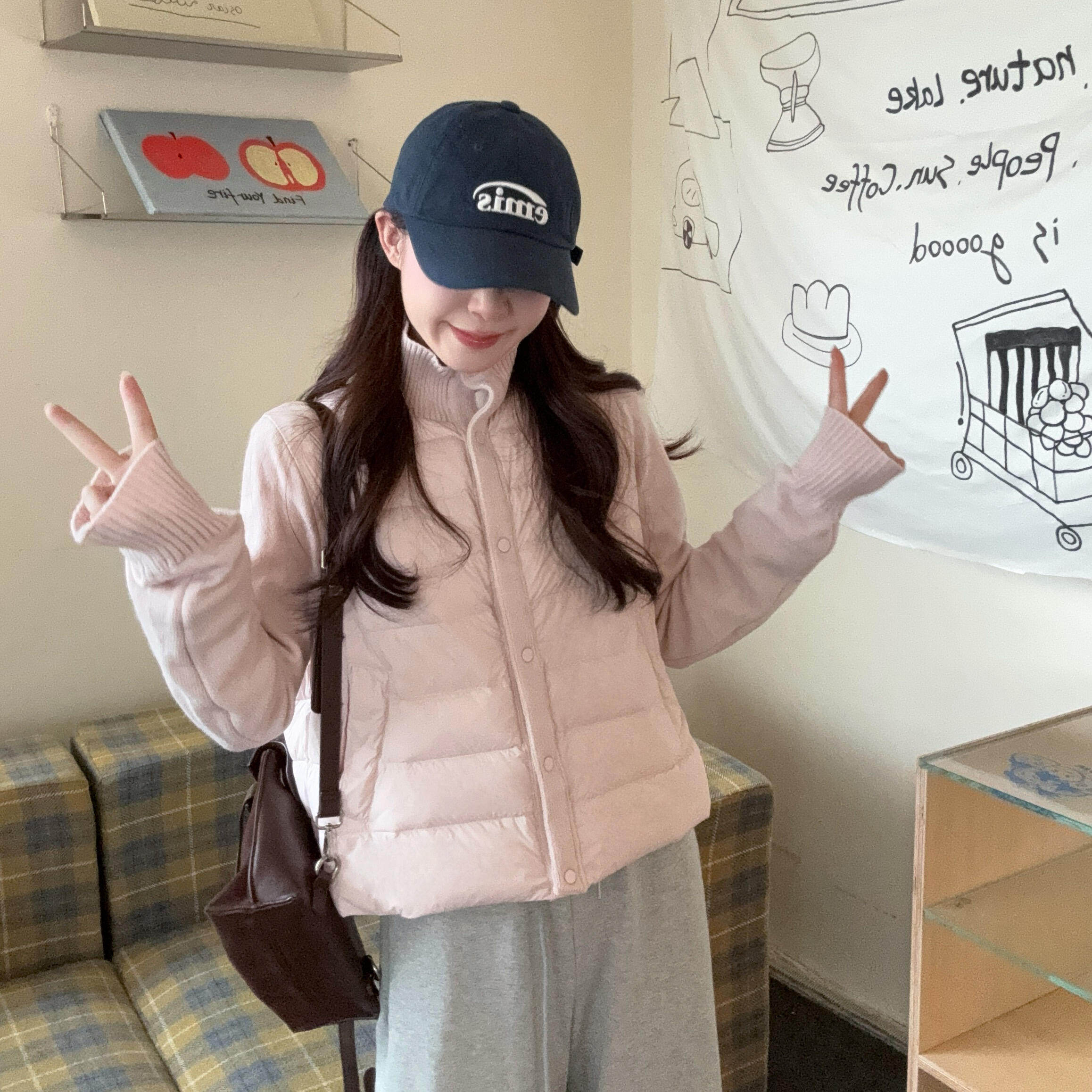 针织拼接羽绒服女短款2026年冬季小个子轻薄排骨90白鸭绒立领外套