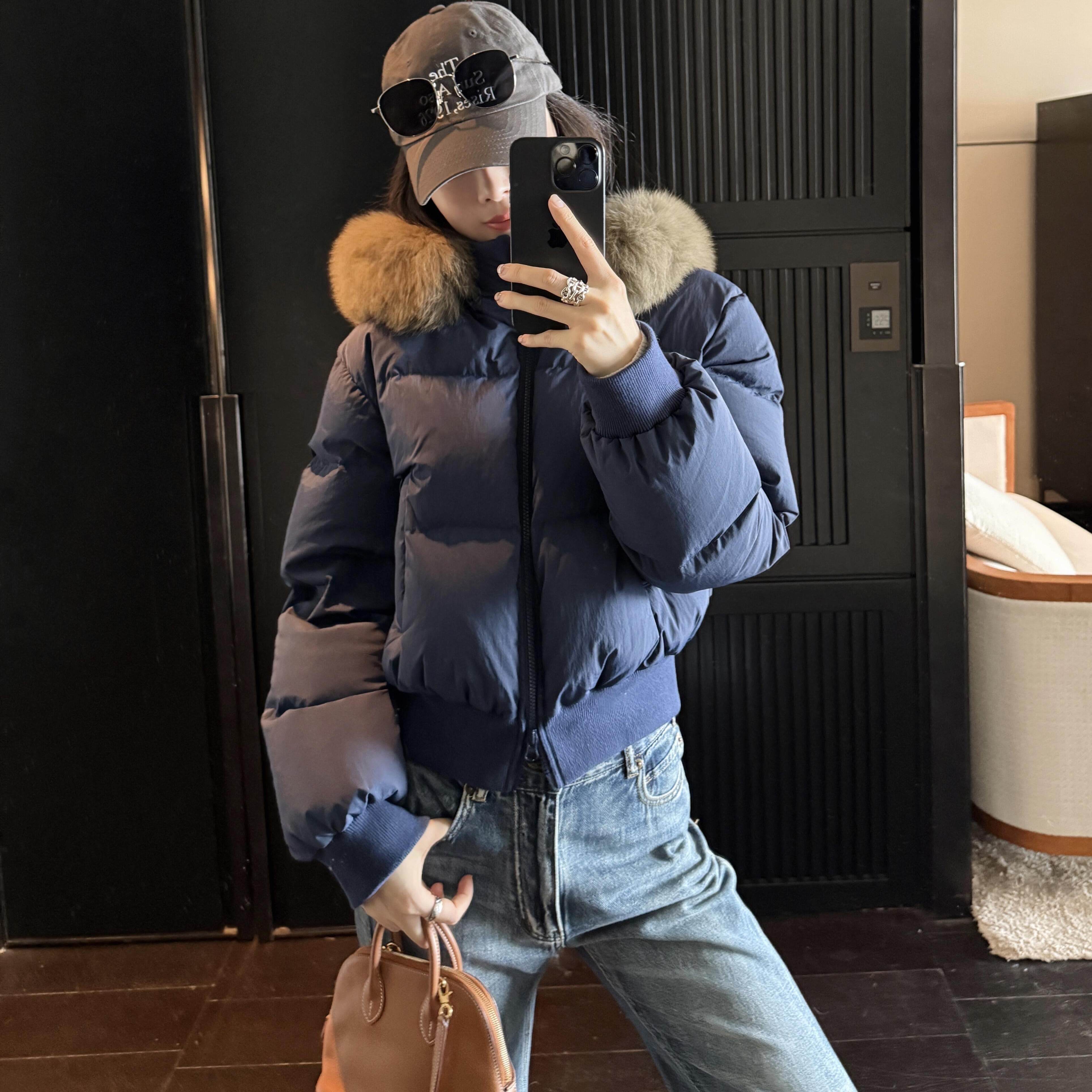 收腰短款肯豆90白鸭绒羽绒服女白鸭绒加厚小个子大毛领冬季外套