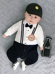 领结哈衣0一18个月男宝宝纯棉爬 奥莱清仓婴儿绅士连体衣春秋长袖