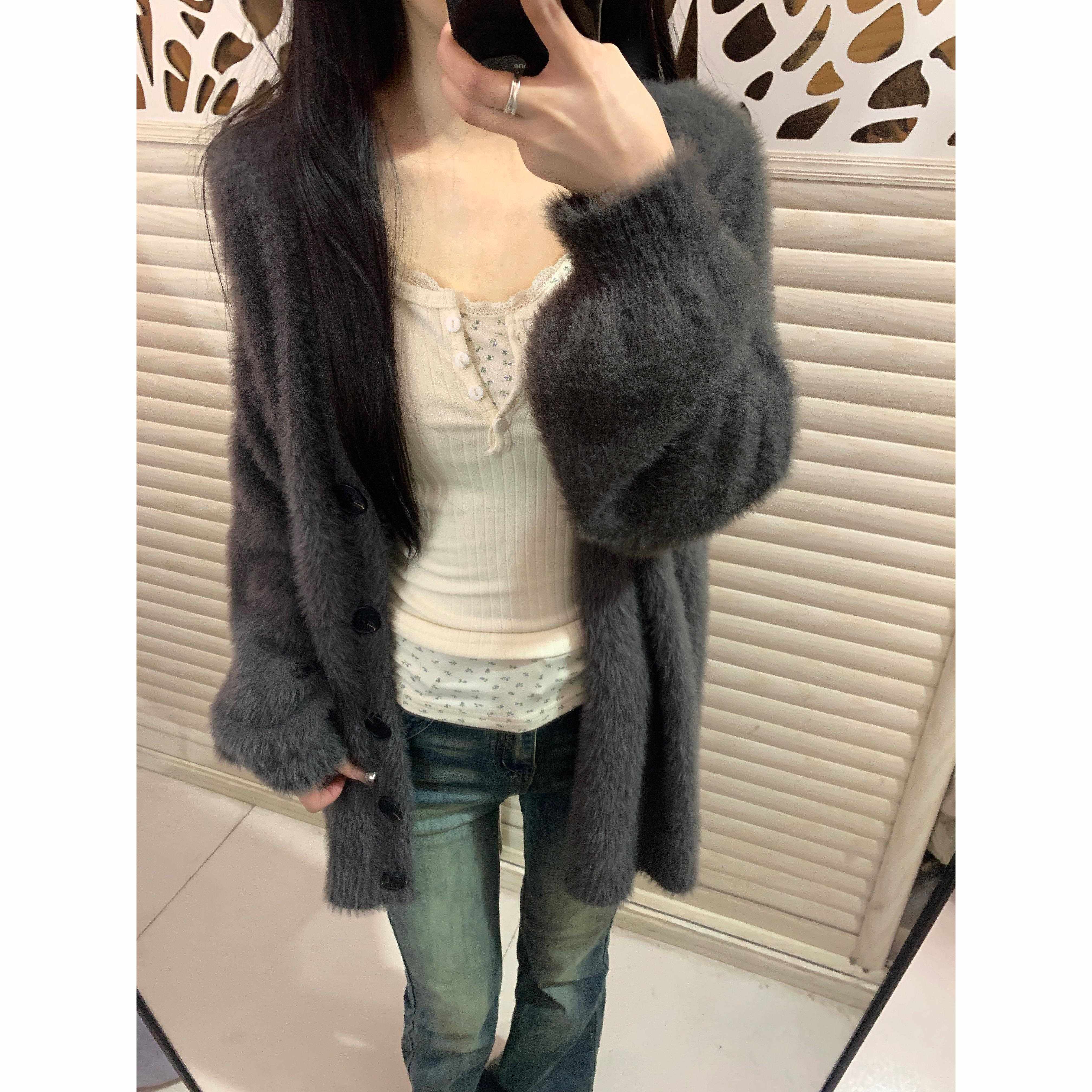 ppoupyo慵懒风时尚貂NXH绒毛衣女外套秋冬新款宽纯色V领松上衣