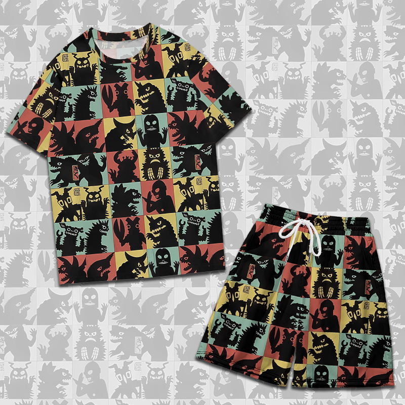 复古超人哥斯拉怪兽剪影T恤动漫二次元短袖短裤套装3D全彩半袖衣