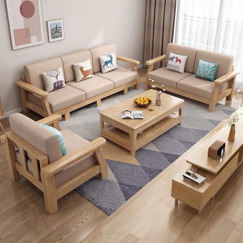 北欧客厅实木沙发组合双人贵妃转角木布中日式小户型拉床沙发家具