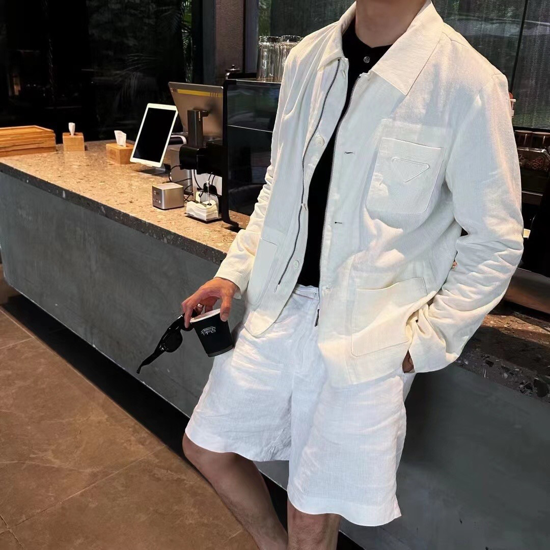 秋冬新款纯色胸前倒三角徽标翻领长袖夹克外套亚麻加厚棉定制面料