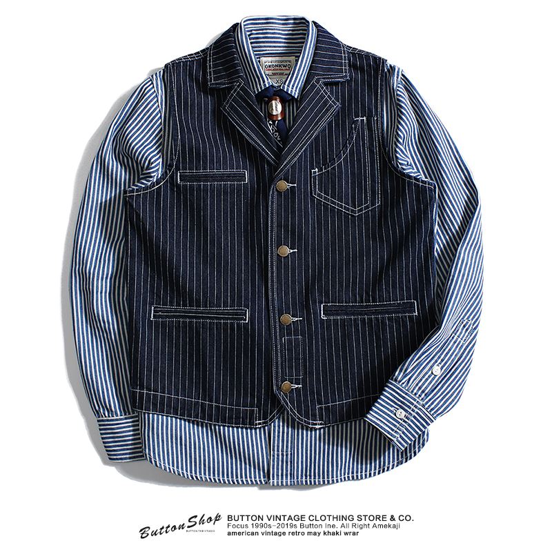 美式复古阿美咔叽R*L古巴领背心重磅条纹牛仔西服领工装马甲男|msdalam kategori Pakaian Lelaki, Vest/Vest - dari Buy2taobao.com untuk memberikan perkhidmatan ejen Taobao profesional membeli