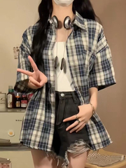 美式vintage复古格子短袖衬衫女夏季新款宽松小众设计感百搭上衣