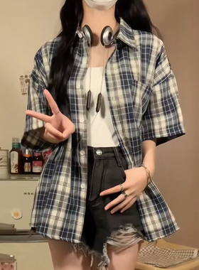 美式vintage复古格子短袖衬衫女夏季新款宽松小众设计感百搭上衣