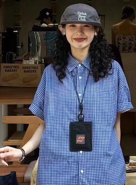 美式vintage蓝色格子短袖衬衫女2026年夏季宽松小众复古百搭上衣