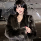 皮毛一体轻奢高级感气质加厚保暖环保皮草大衣 黑色毛毛外套女冬季