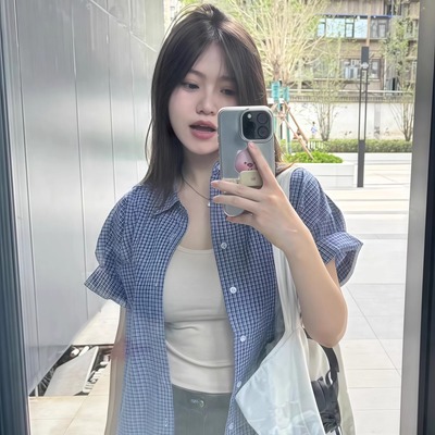 蓝色复古格子短袖衬衫女气质百搭