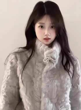 灰色染尖蝴蝶结毛毛外套女高级感