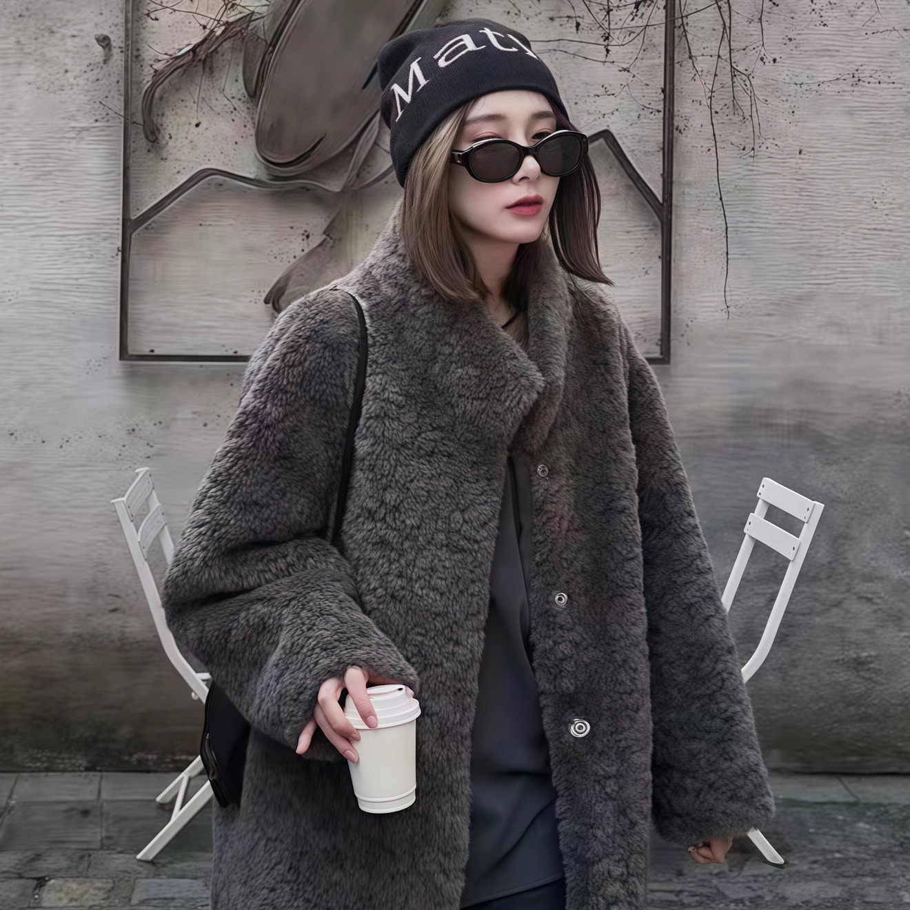 灰色复古立羊羔毛毛外套皮草大衣