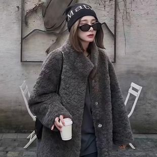 灰色复古立领羊羔毛毛外套女冬季 皮草大衣 皮毛一体保暖加厚中长款
