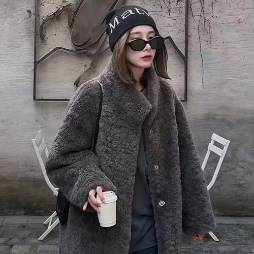 灰色复古立羊羔毛毛外套皮草大衣