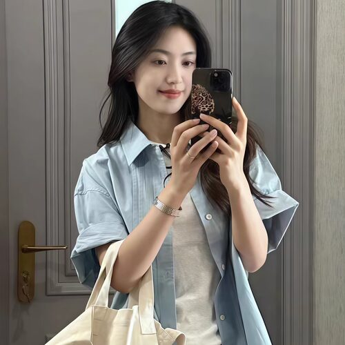 日系chic蓝色褶皱短袖衬衫女百搭