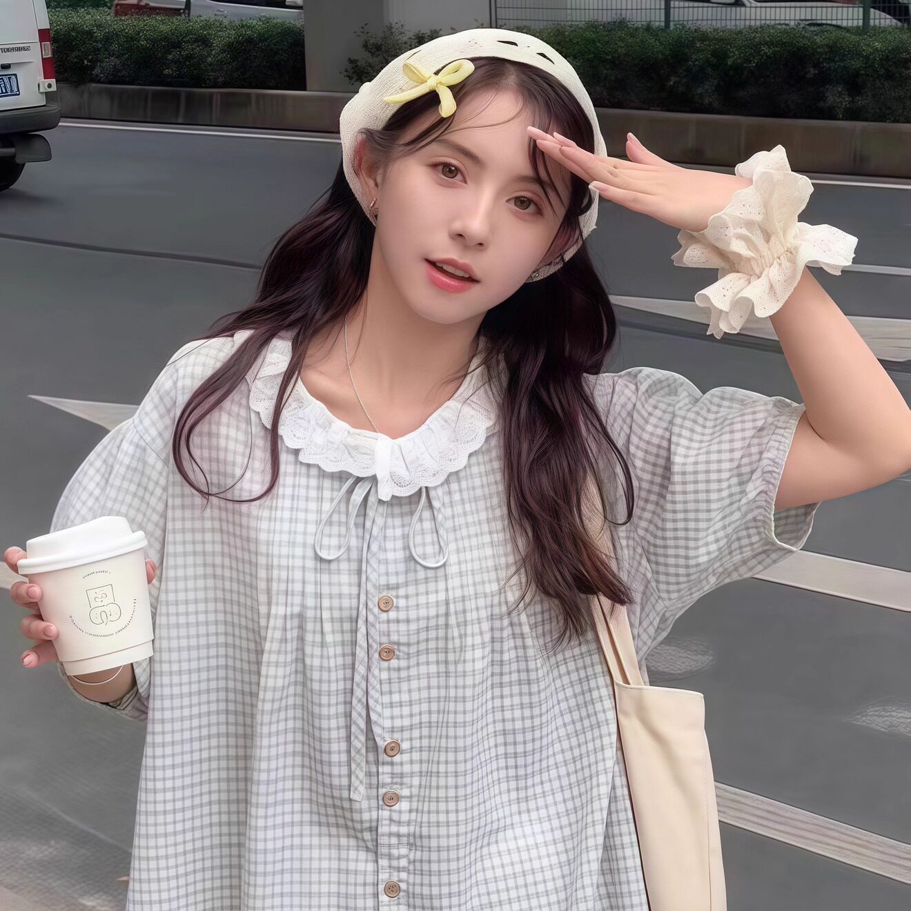日系chic绿色格子短袖衬衫女款夏季蝴蝶结娃娃领百搭休闲小众衬衣