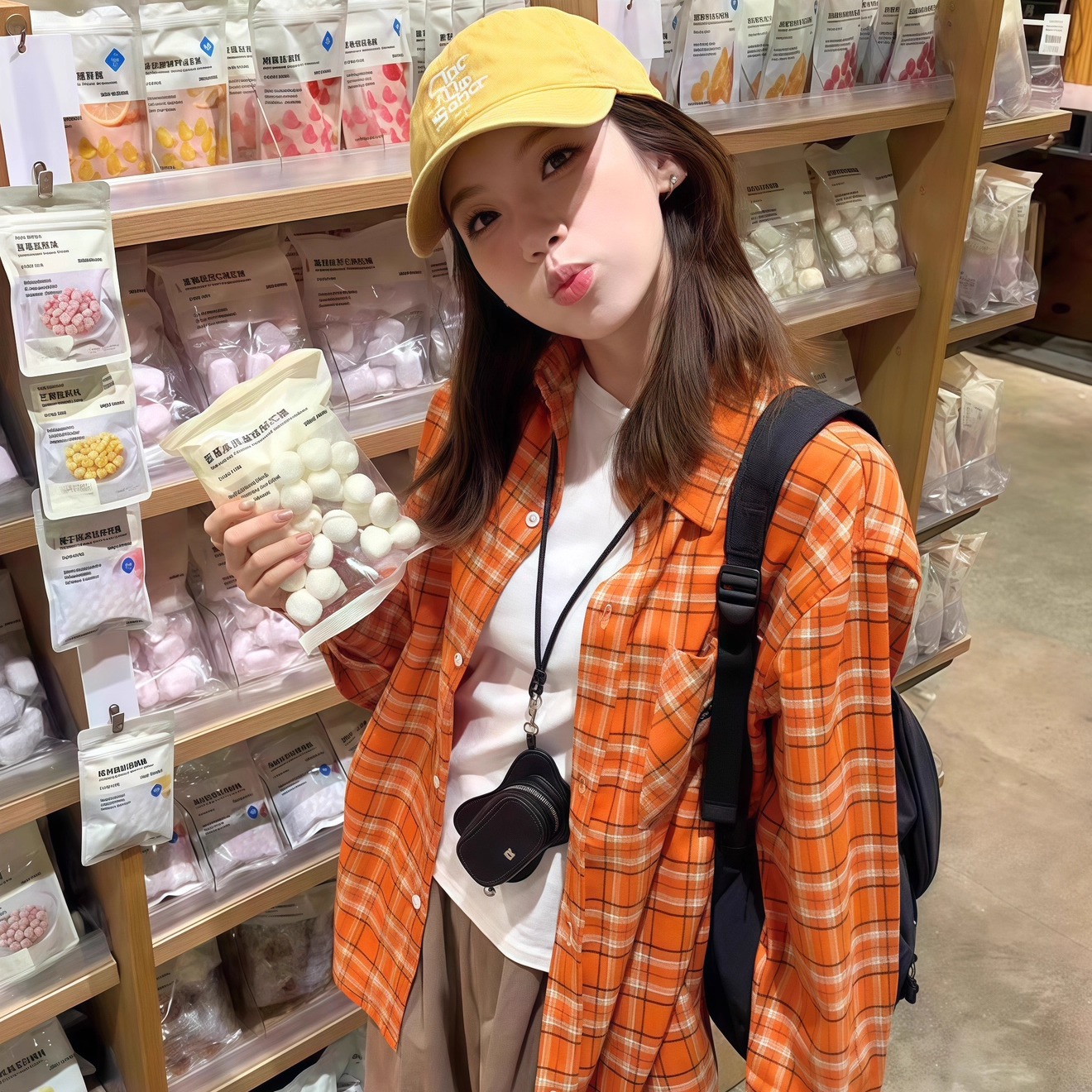 美式多巴胺橙色格子衬衫女设计感