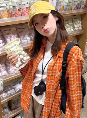 美式多巴胺橙色格子衬衫女款秋季刺绣设计感百搭小众长袖外套衬衣