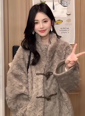 高级感复古牛角扣毛毛皮草外套女