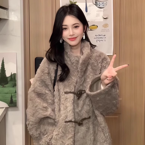高级感复古牛角扣毛毛皮草外套女