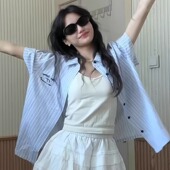 夏季 女款 宽松小众设计感百搭休闲衬衣 衬衫 学院风日系蓝色条纹短袖