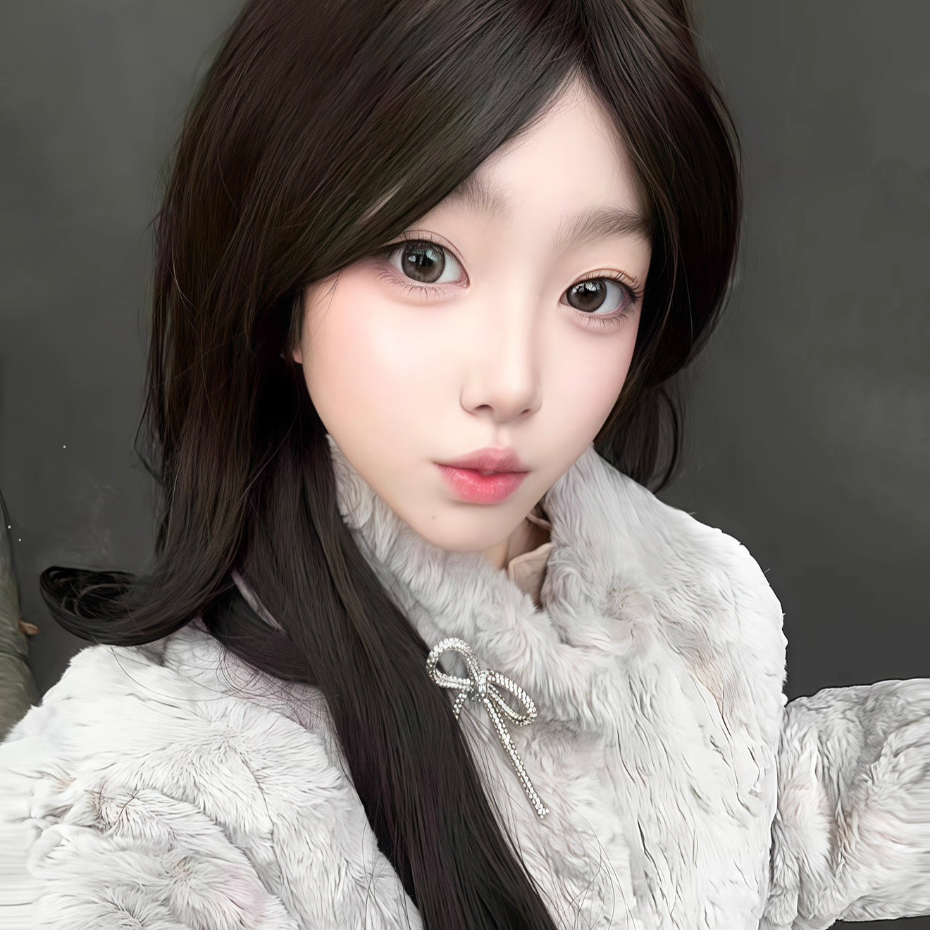 灰色蝴蝶结毛毛外套女中长款大衣