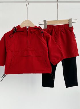 男童秋装套装中小童红色r卫衣假两件裤子宝宝洋气衣服运动两件套