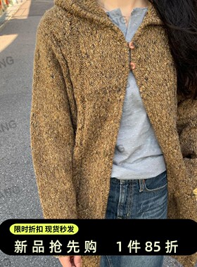 新品85折美式复古黄色连帽长款针织外套开衫女秋冬毛衣壕叁