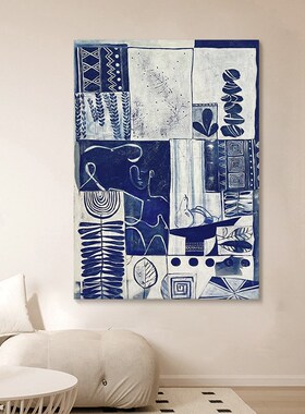 中古风抽象几何客厅装饰画手绘油画色块蓝色方格走廊过道玄关挂画