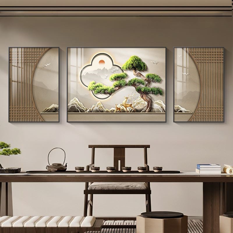 迎客松新中式茶室背景墙装饰画禅意办公室茶桌茶台挂画客厅墙壁画