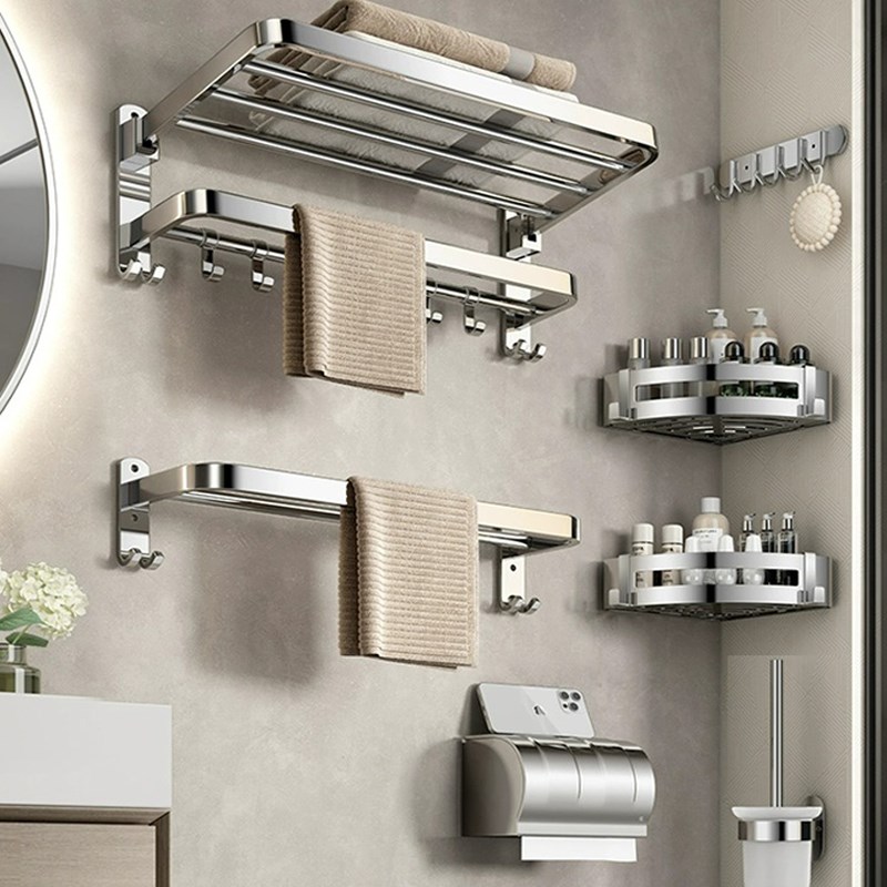 德国工艺免打孔卫生间置物架不锈钢毛巾架一体厕所壁挂式浴巾架子