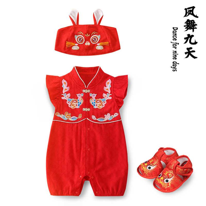 百天婴儿服女孩 夏季百日宴礼服女宝装拍照衣服红色旗袍夏中国风图片