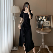 高级感赫本风显瘦连衣裙女夏季 过膝长裙 设计感不规则开叉露肩短袖