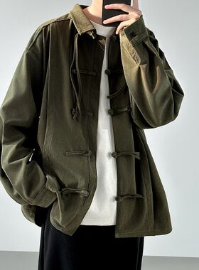 黑色新中式国风衬衫男长袖春秋季大码设计感宽松休闲汉服唐装外套