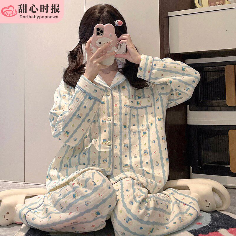 睡衣女款春秋季长袖2024新款卡通可爱空气棉夹层加厚家居服套装冬