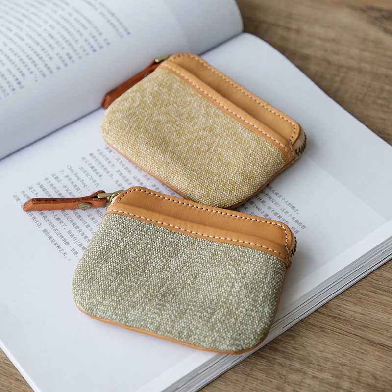 真皮女士卡包复古文艺牛皮胡椒盐帆布拉链撞色零钱包驾驶证收纳包