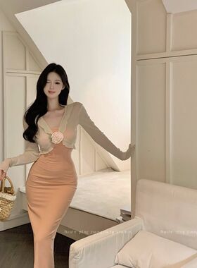 纯欲风套装女早秋长袖针织开衫上衣抹胸洋装包臀鱼尾Z长裙两件套