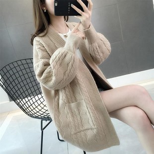 潮牌毛衣外套女中长款2024秋冬季新款宽松麻花条S纹慵懒风针织开