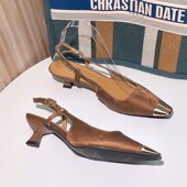 法式 包 后空一字带拼色气质高跟鞋 棕色方头凉鞋 女细跟202w5年新款