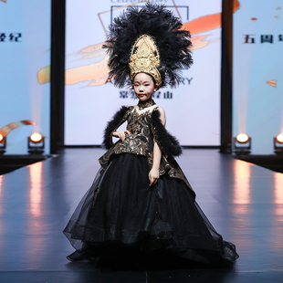 女童晚礼服2021新款黑色高端霸气儿童公主模特走秀舞台比赛演出服