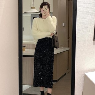 胖mm冬天裙7702 半裙中长裙大码 丝绒亮片半身裙女秋冬款 2024新款