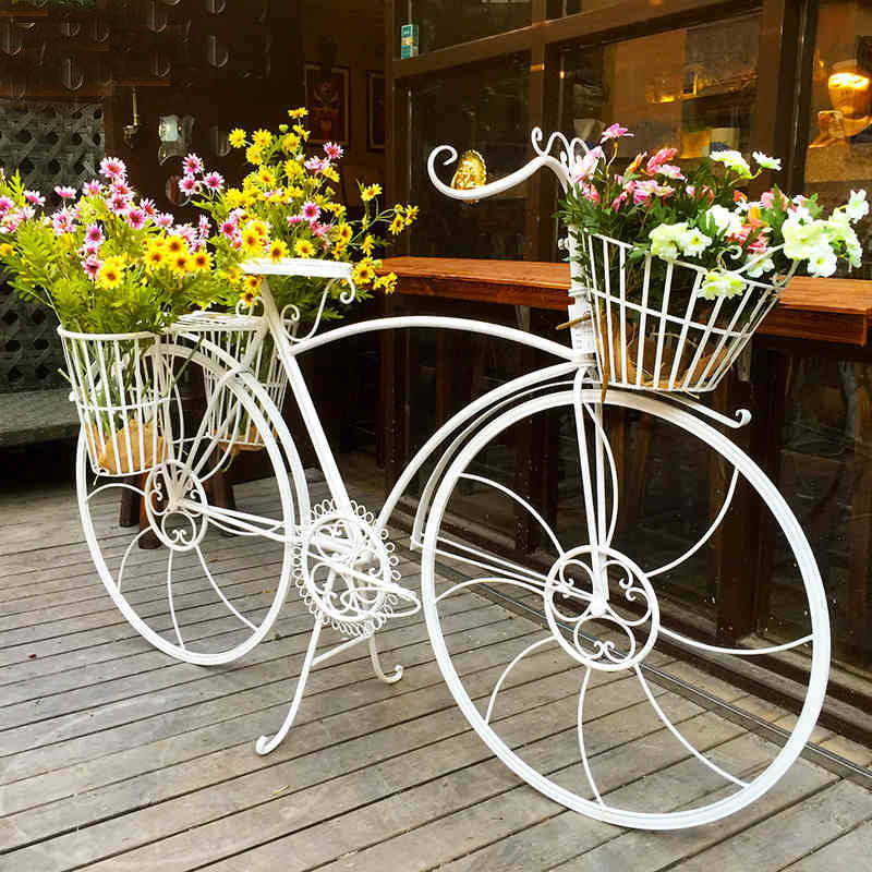 欧式铁艺落地大自行车花架橱窗道具庭院阳台装饰品摆件复古花车架