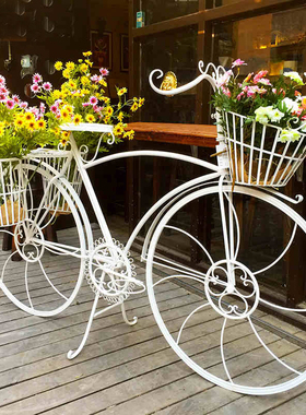 欧式铁艺落地大自行车花架橱窗道具庭院阳台装饰品摆件复古花车架