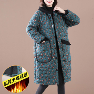 大码棉服女冬季2024年新款夹棉加厚棉袄复古O碎花中长款连帽外套