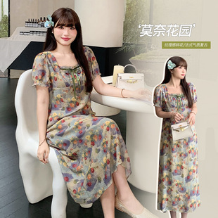 法式复古油画碎花连衣裙夏季大码胖mm收腰显瘦海边度假长裙甜美潮