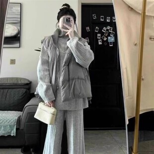 棉服一整套冬季新款宽松立领棉马甲搭配毛衣针织阔腿裤子三件套装